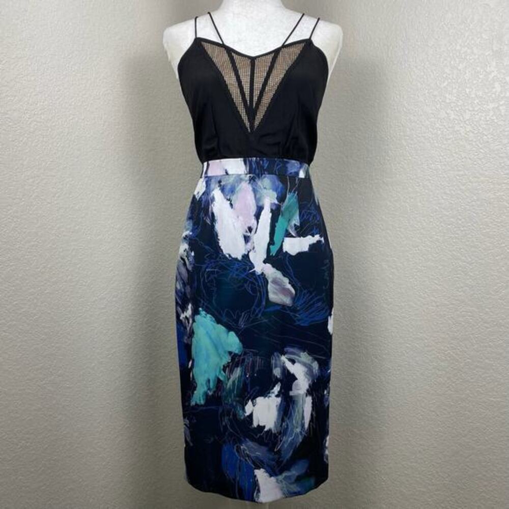 Chelsea28 Pencil Dress Womens 6 Mesh Blue Abstract Watercolor Print Office Siren